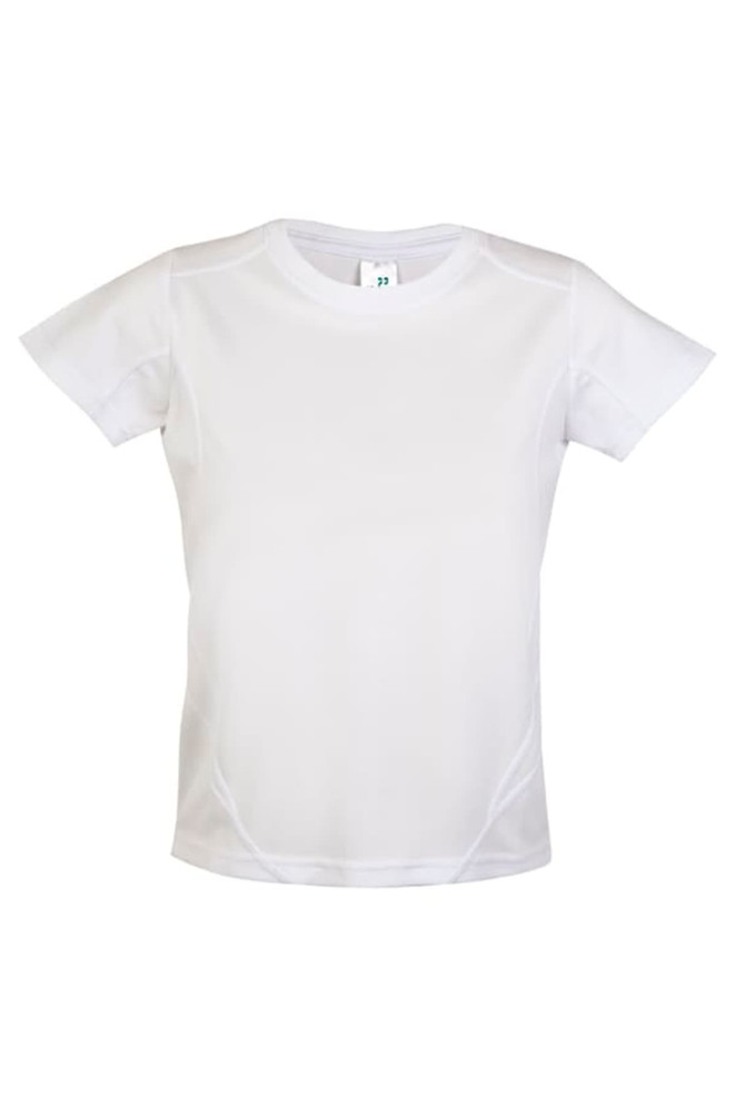 A white kids' T-shirt featuring a smooth fabric design and a logo on the label.