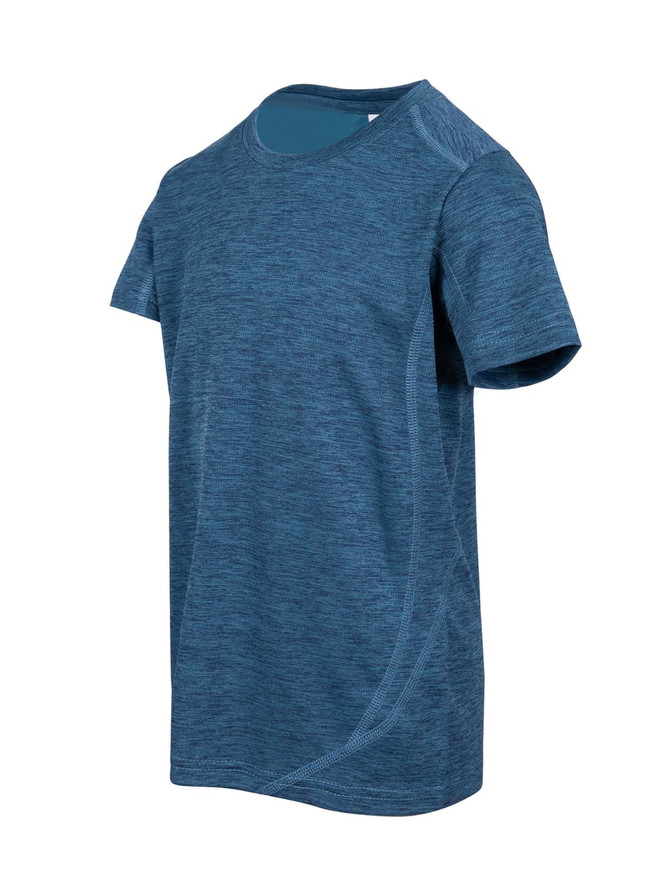 A blue children's T-shirt made from 100% polyester, featuring a logo and a stylish design.