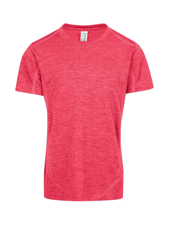 A red Kid's Challenger 100% polyester T-shirt with a smooth texture and a logo.