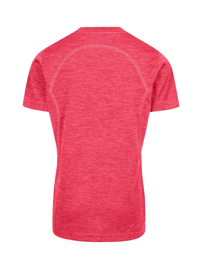 A red polyester T-shirt with a simple design and a logo on the back. Ideal for kids' casual wear.
