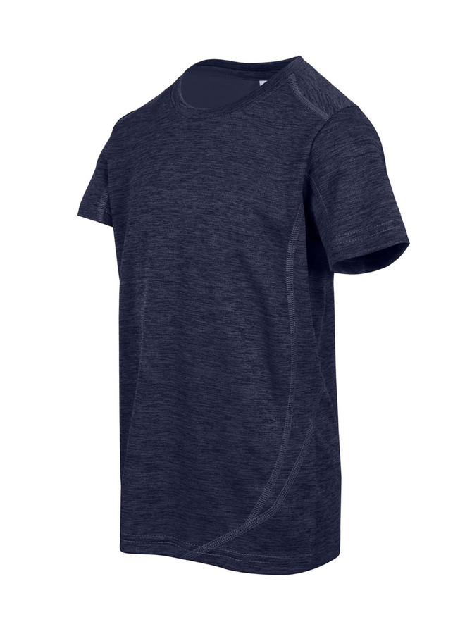 A navy blue kid's T-shirt made of 100% polyester, featuring short sleeves and a logo on the front.