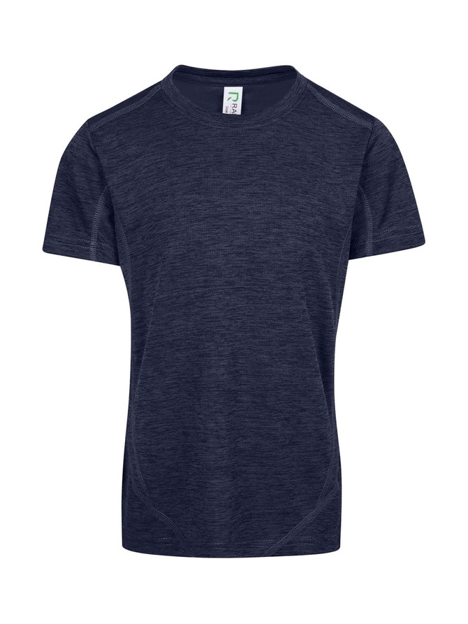 A navy blue Kid's Challenger 100% polyester T-shirt featuring a logo on the label.