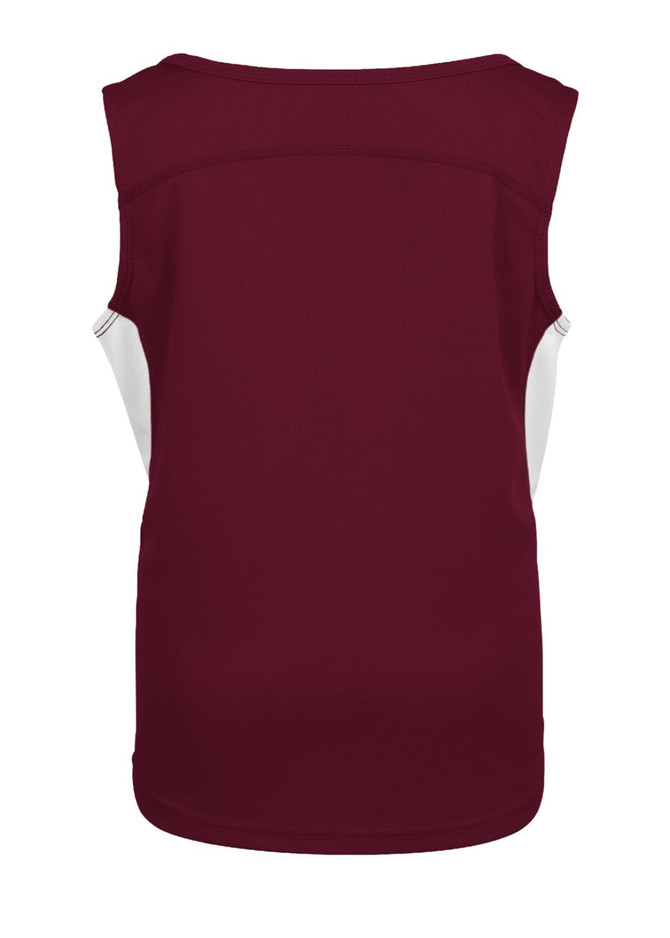 A burgundy kids' singlet featuring white side panels and a simple design. It includes a logo on the back.