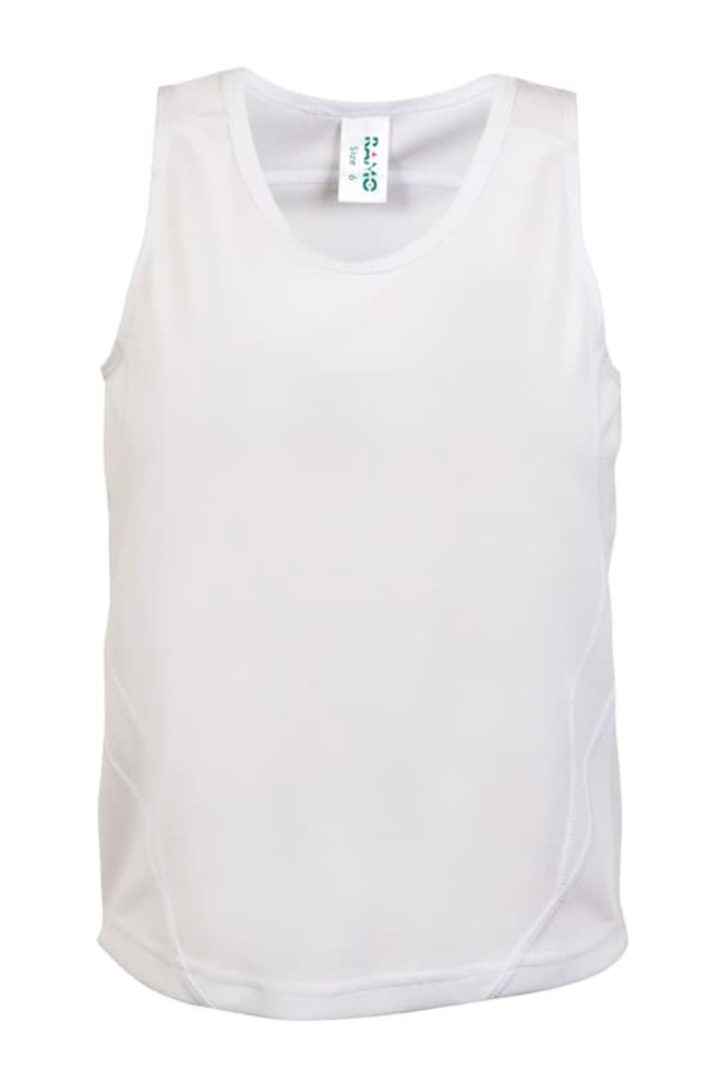A white singlet with a sporty design, featuring a logo and a comfortable fit. Ideal for kids' active wear.