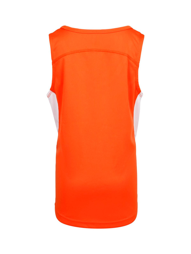 An orange kids' singlet featuring a white side panel and a branding logo on the back.