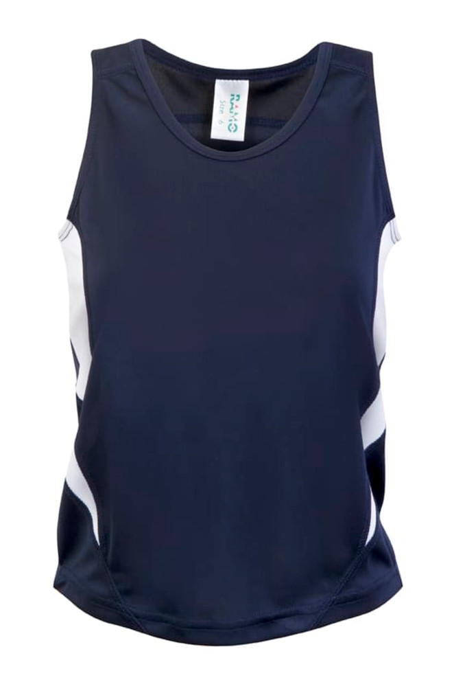 A navy blue singlet with white accents, featuring a logo on the front. Suitable for kids.