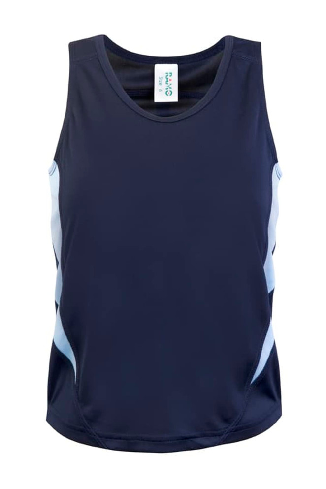 A navy blue kids' singlet featuring light blue accents and a branded label at the neckline.