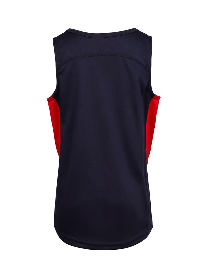 A navy and red kids’ singlet with a sleeveless design, featuring a logo on the back.