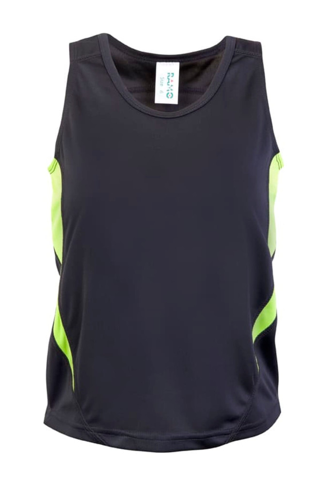 A black singlet with lime green accents, featuring a logo on the front.