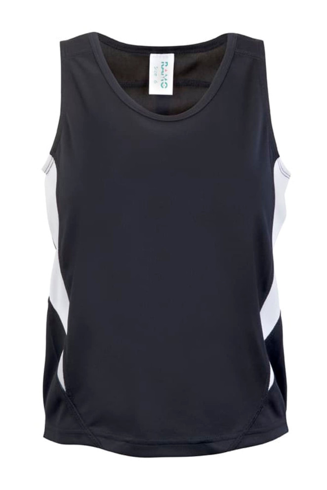 A black and white kids' singlet made from a moisture-wicking fabric, featuring a logo. Ideal for active wear.