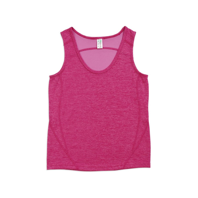 A pink 100% polyester singlet featuring a scoop neck design and a logo. Suitable for kids' activewear.