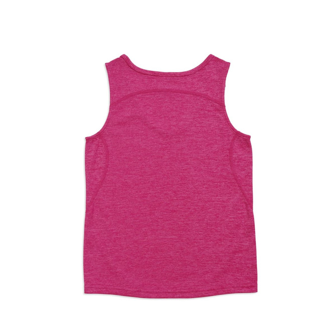 A pink 100% polyester kids' singlet with a back design and no visible logos.