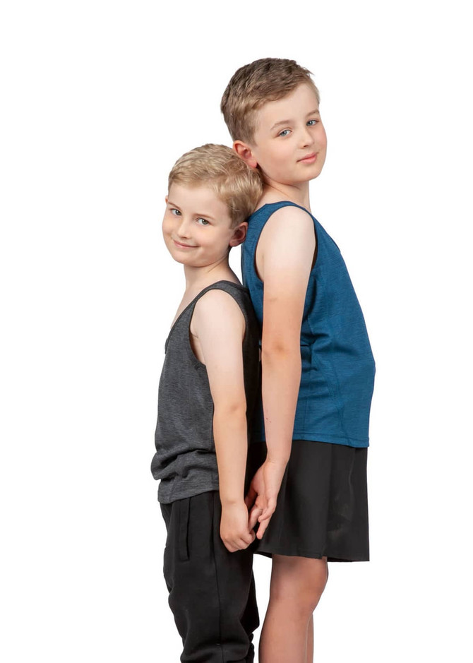 A blue and grey kids' polyester singlet, styled on two boys standing back-to-back, holding hands.