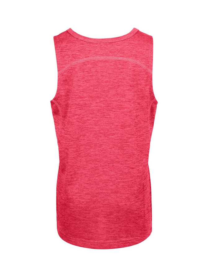 A back view of a kids' singlet in vibrant pink, featuring a logo and made from 100% polyester.