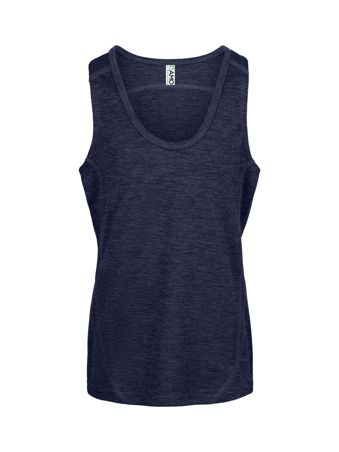 A navy blue kids' singlet made from 100% polyester, featuring a logo on the label.