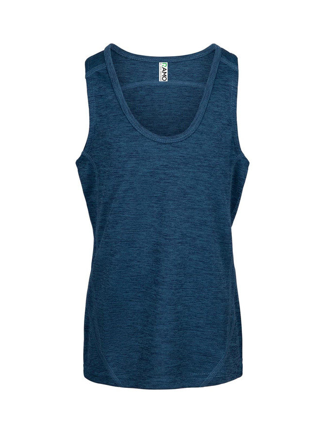 A navy blue kids' singlet made of 100% polyester, featuring a simple design and a logo.