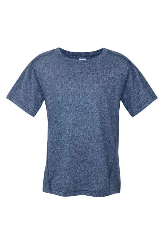 A navy blue heather t-shirt with short sleeves and a round neckline, featuring a logo.