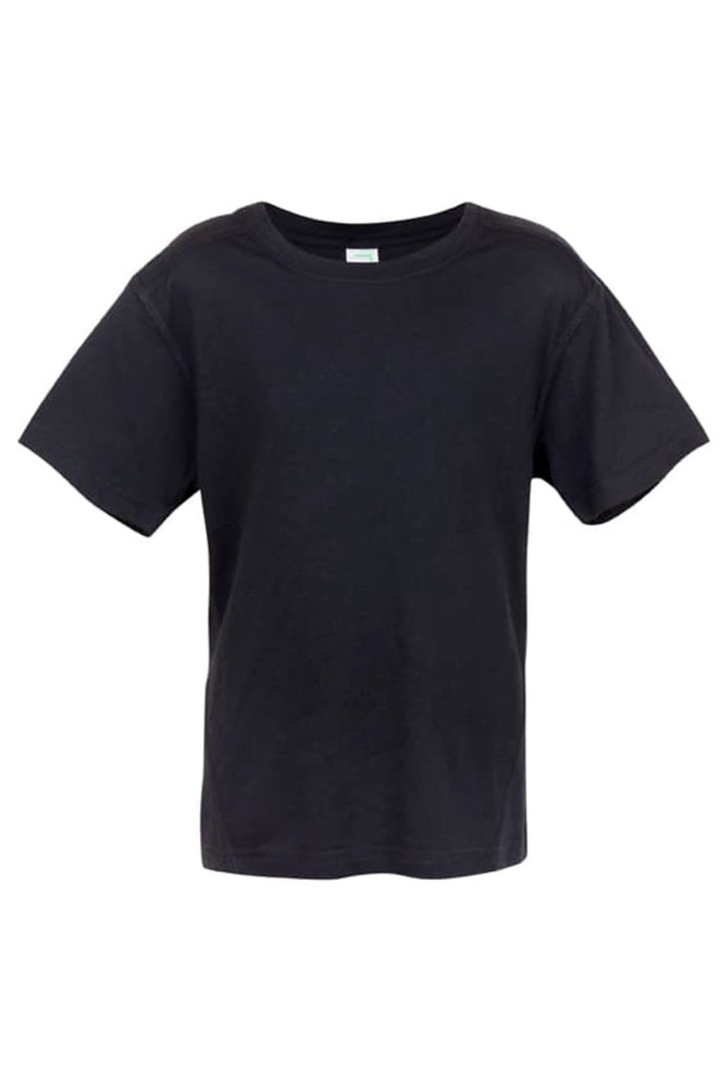 A black kids' T-shirt from the Greatness Range with a classic crew neck design and a branding logo.