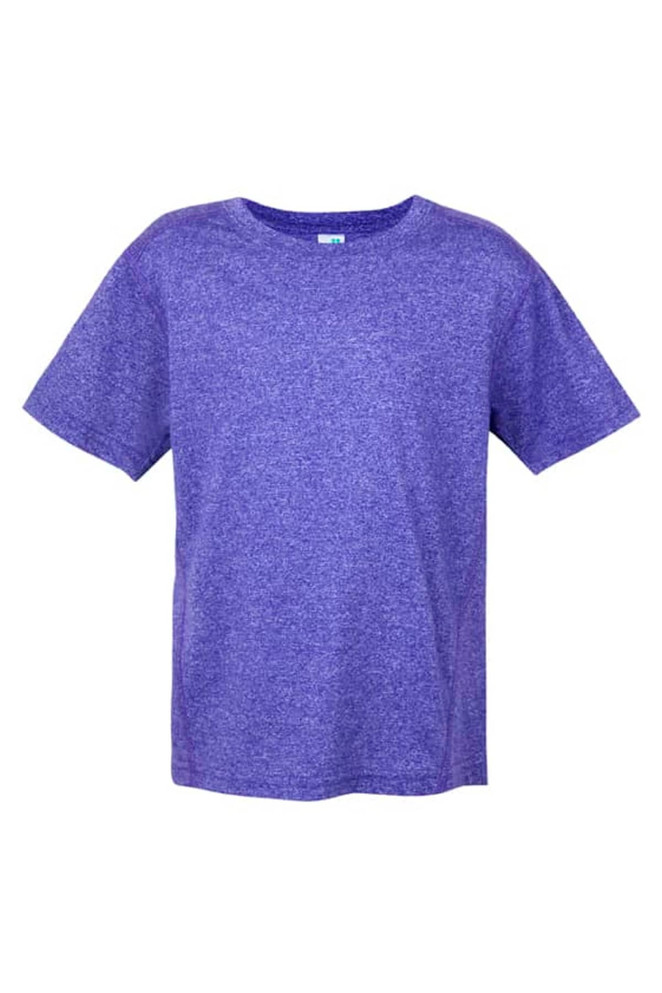 A purple heather T-shirt with a relaxed fit and short sleeves, featuring a logo on the label.