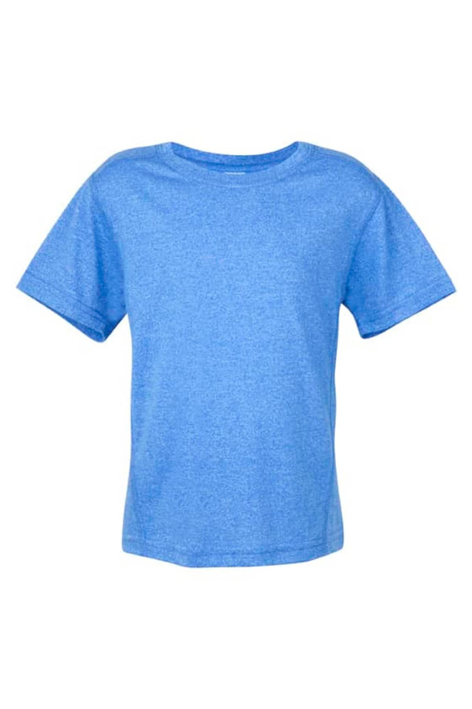 A blue heather short-sleeved t-shirt with a simple design and a logo on the front.