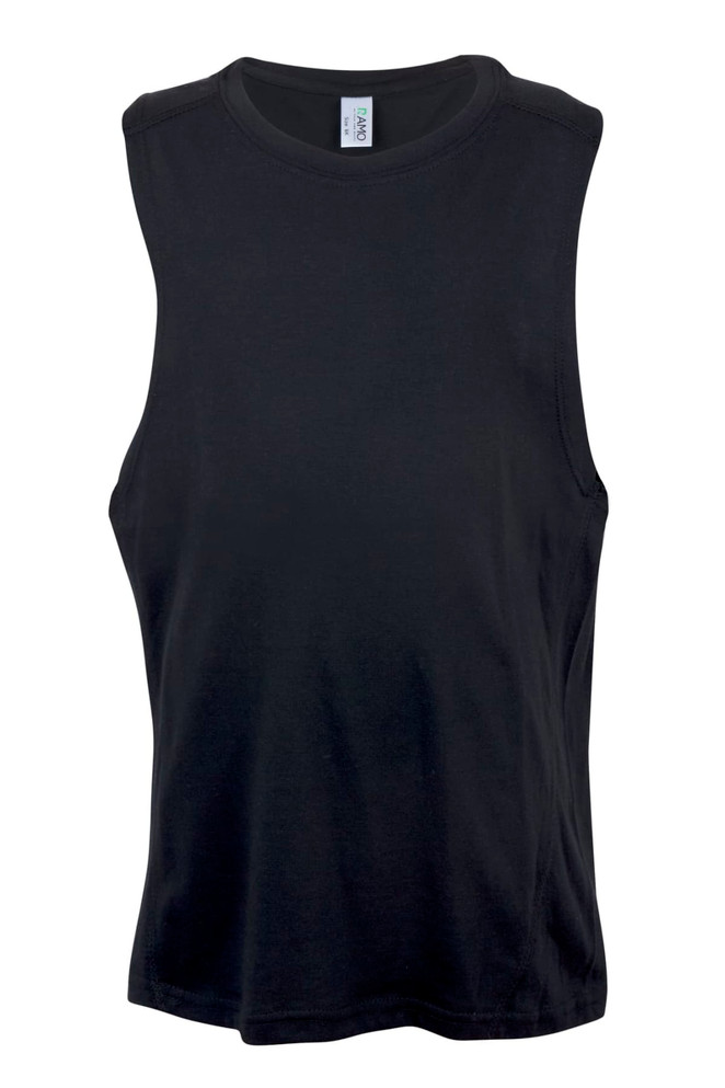 A black sleeveless tank top featuring a simple design and a branding logo.