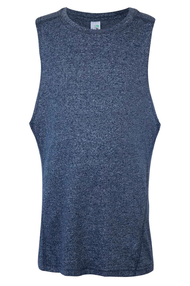 A sleeveless tank top in a dark navy blue, featuring a branding logo on the front.