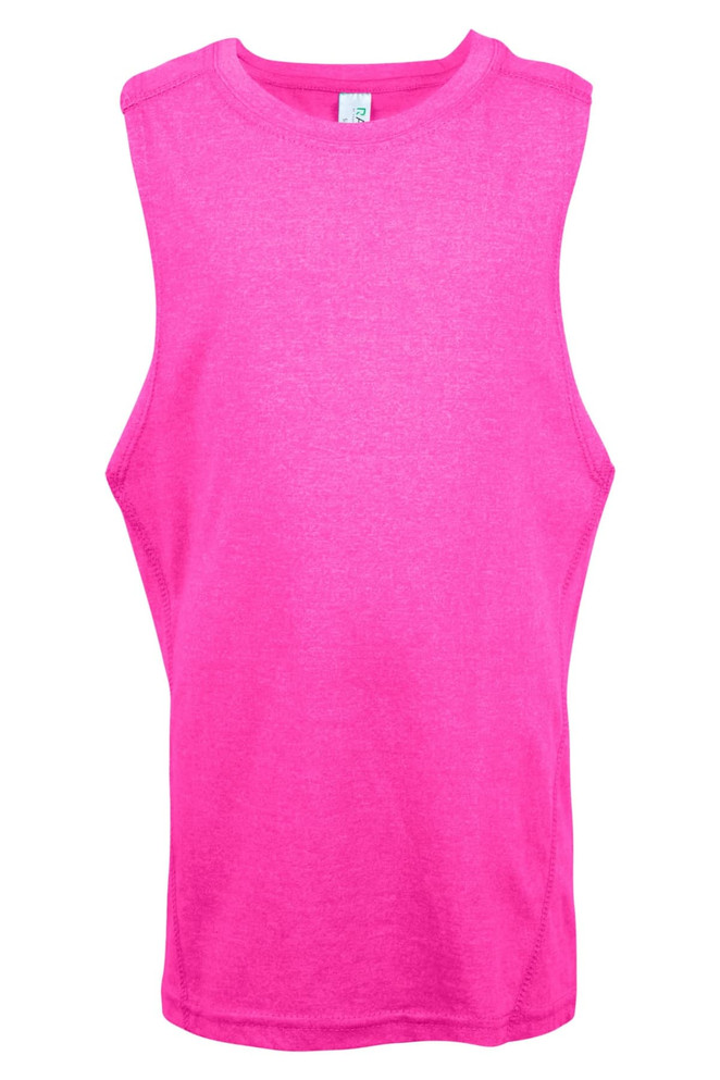 A bright pink sleeveless tank top featuring a logo. Ideal for casual wear.