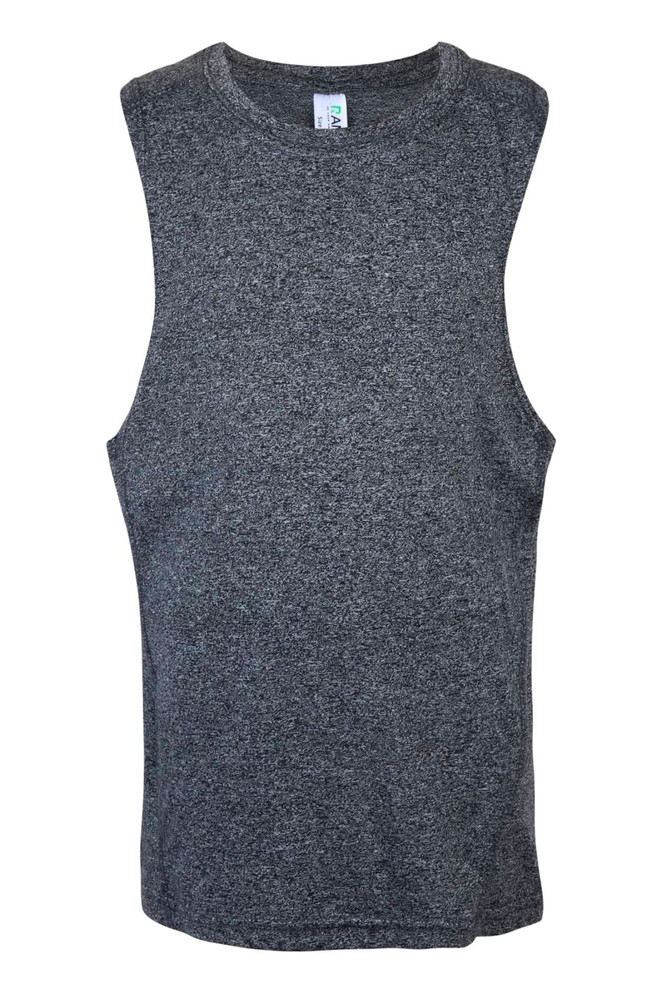 A grey sleeveless tank top made from a textured fabric, featuring a logo tag at the neckline.