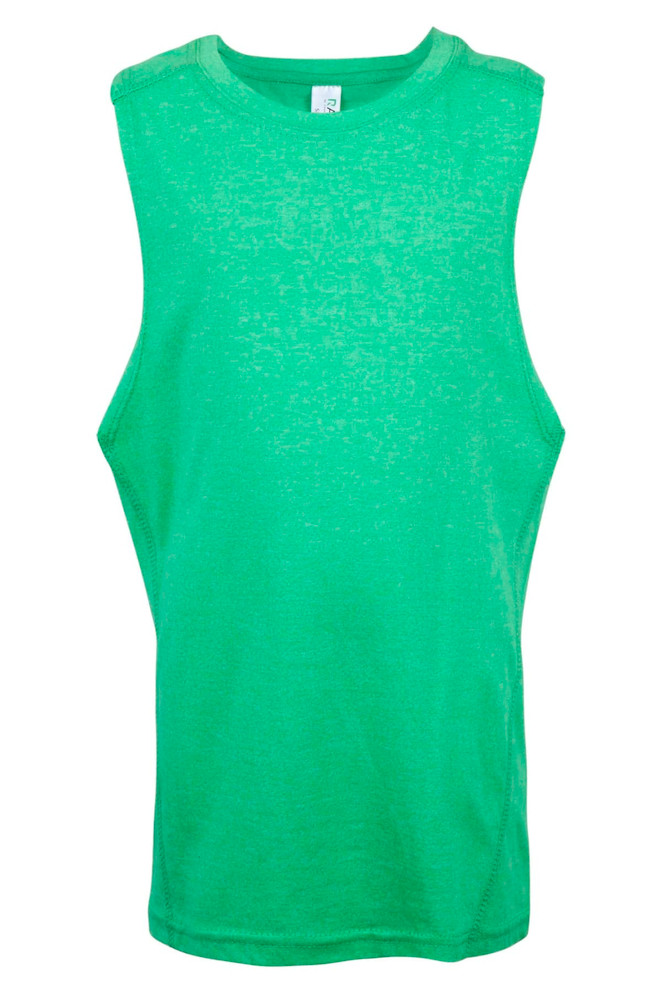 A green tank top with no sleeves, featuring a simple design and a small brand logo. Ideal for kids' wear.