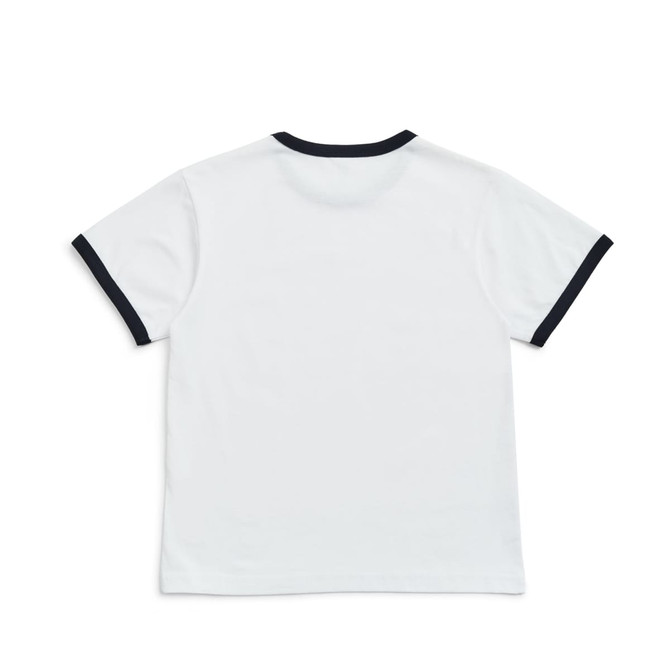 A kids' ringer tee in white with a contrasting dark neckline and sleeve trims, featuring a logo.