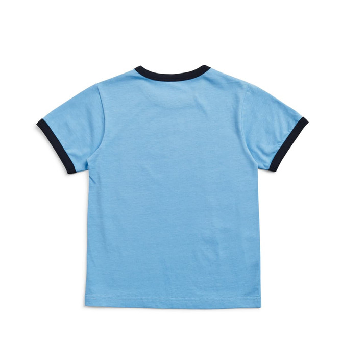 A kids' ringer tee in light blue with a navy neckline and sleeve trim, featuring a plain back.