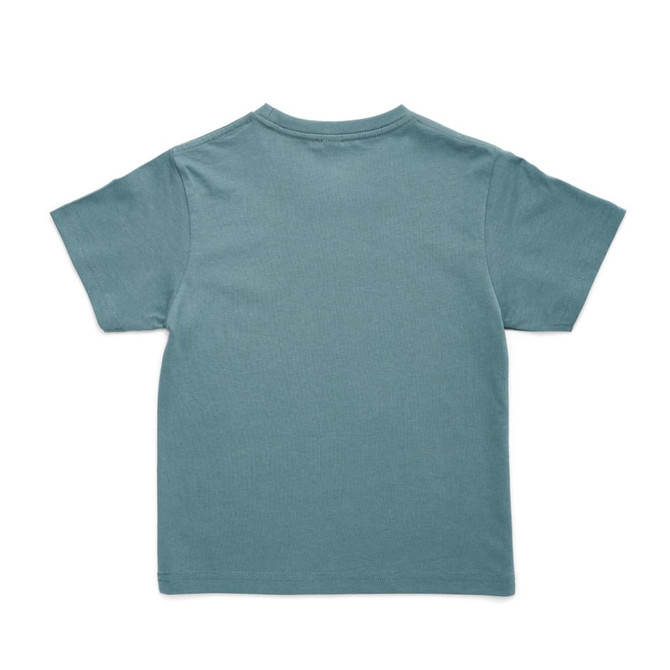 A teal kid's T-shirt with short sleeves and a plain back. The shirt features a logo.
