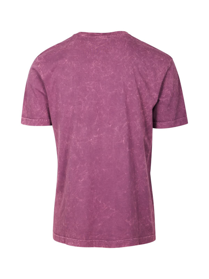 A kid's stone wash T-shirt in a light mauve colour with a relaxed fit. It features a logo on the back.