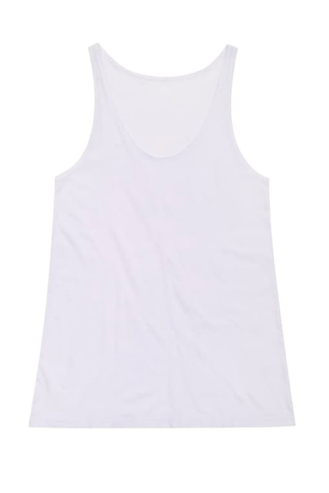 A white men's singlet with a rounded neckline and no sleeves, featuring a logo on the front.