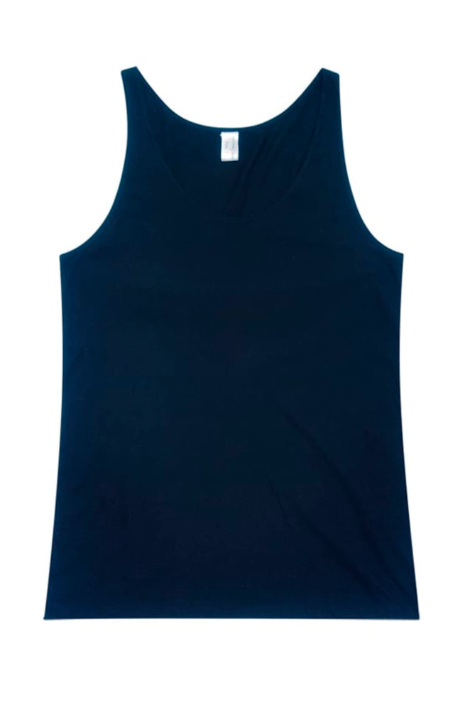 A navy blue singlet with a scoop neck and sleeveless design, featuring a small logo.