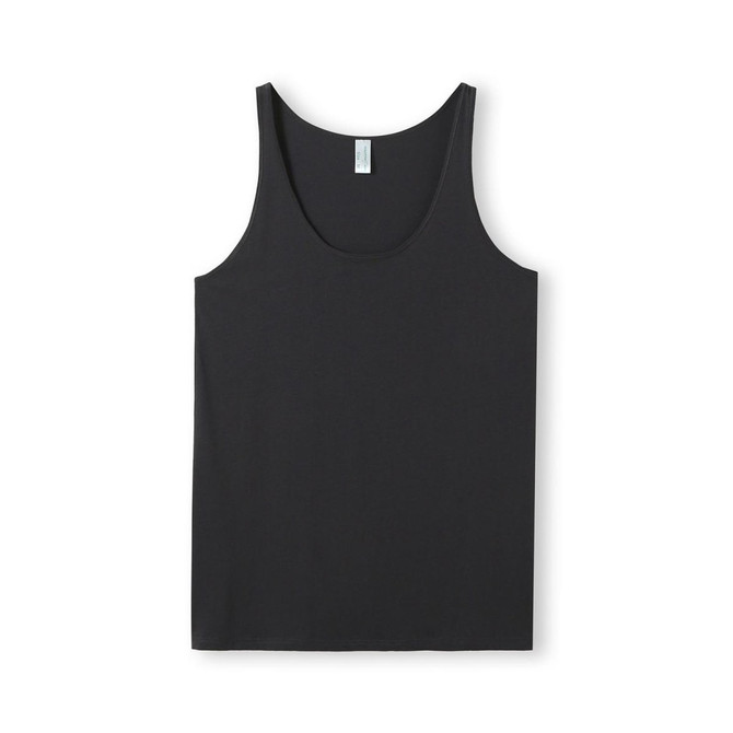 A black men's American style singlet featuring a relaxed fit and a tag label at the neckline.
