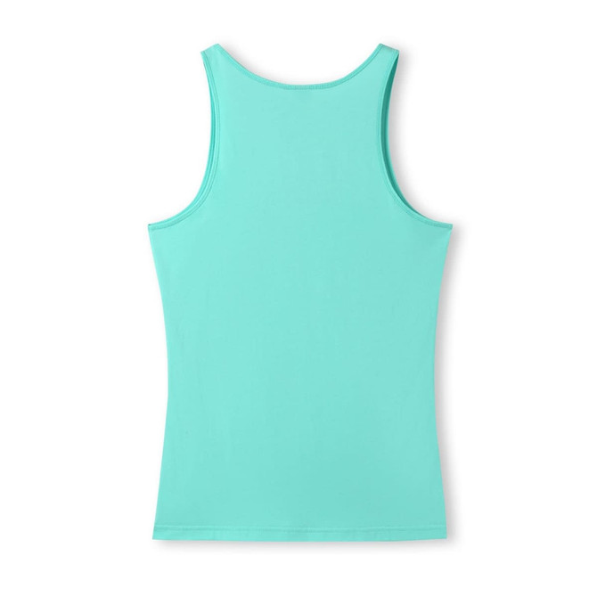 A women's singlet in a vibrant aqua colour, featuring a simple design and a logo on the back.