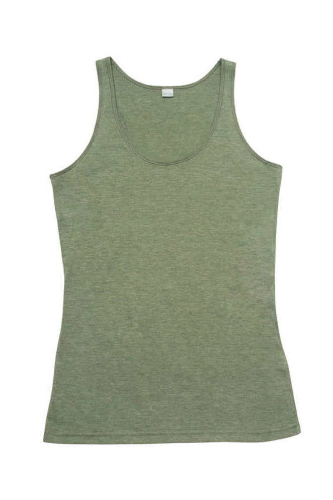 An olive green women's singlet with a fitted design and a rounded neckline, featuring a brand logo.