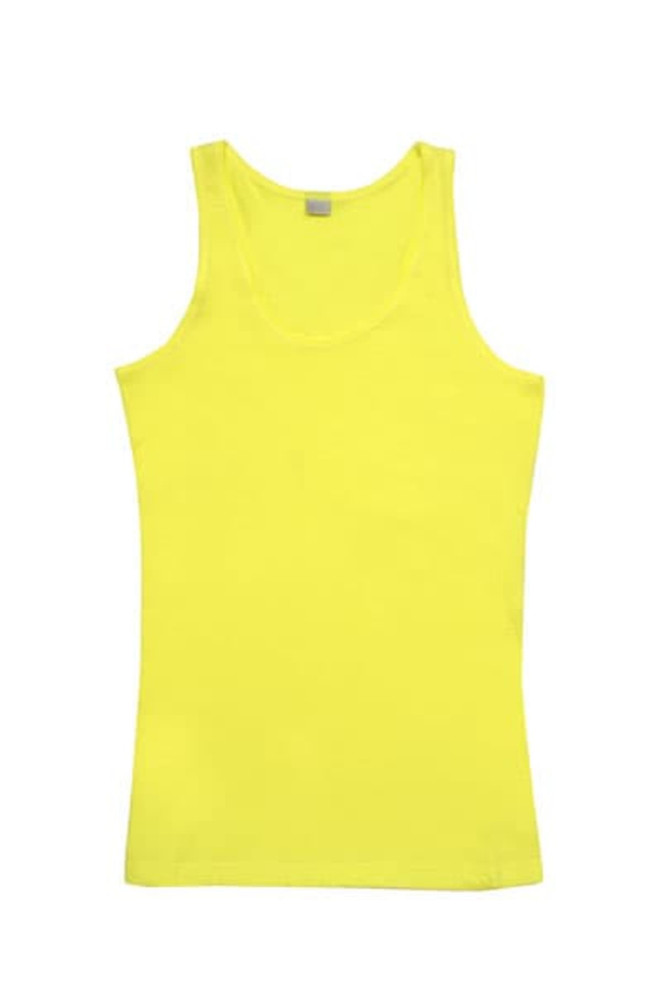A bright yellow women's singlet featuring a scoop neckline and a fitted design. It has a logo on the label.
