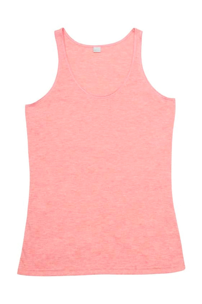 A pink women's singlet featuring a scoop neckline and a fitted design, with a brand logo visible.