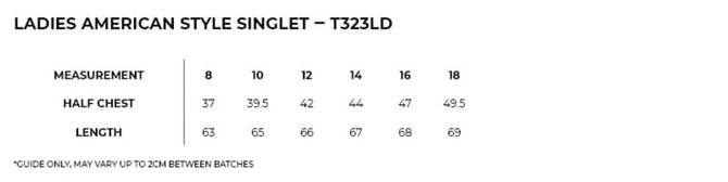 A chart displaying measurements for women's American style singlets in sizes 8 to 18, including half chest and length details.