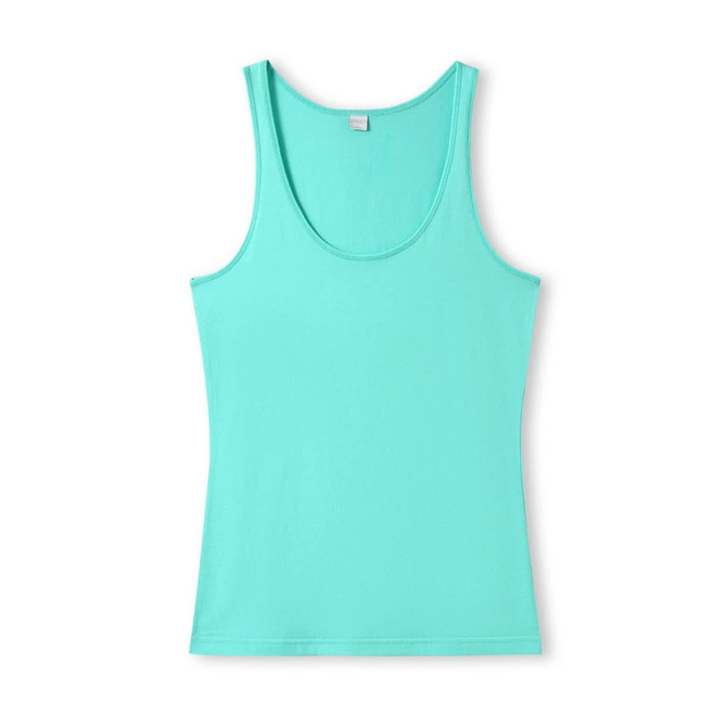 A light teal women's singlet with a scoop neckline and a fitted style, featuring a logo on the label.