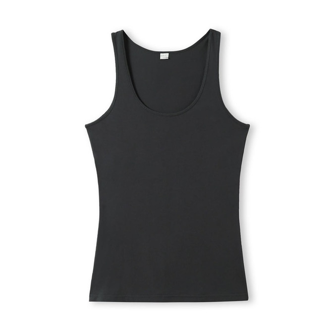 A black women's American style singlet with a scoop neckline and a fitted design. Features branding.