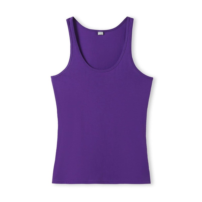 A purple women's singlet with a scoop neck and no sleeves, featuring a small logo.