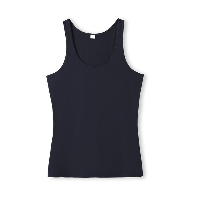 A black women's singlet with a scoop neckline and narrow shoulder straps, featuring a logo.