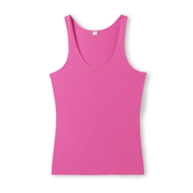 A bright pink women's singlet with a scoop neckline and a fitted design. It features a small logo.