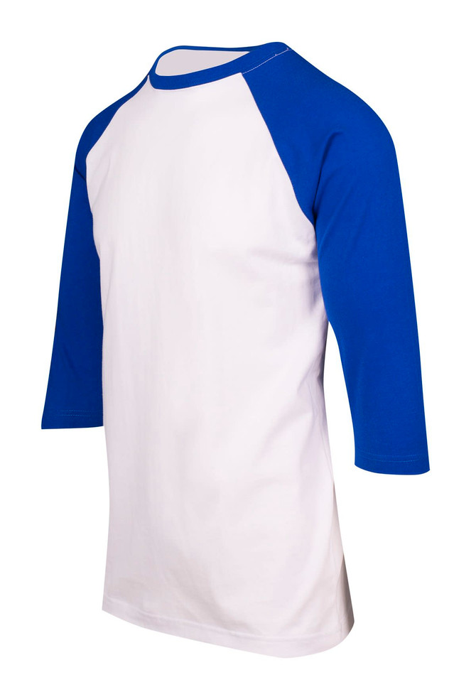 A unisex 3/4 sleeve raglan T-shirt featuring blue sleeves and a white body. It has a logo on the front.