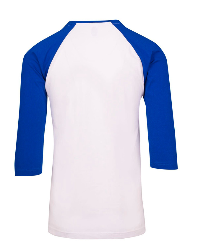 A unisex 3/4 sleeve raglan T-shirt featuring white fabric with blue sleeves and a logo on the back.