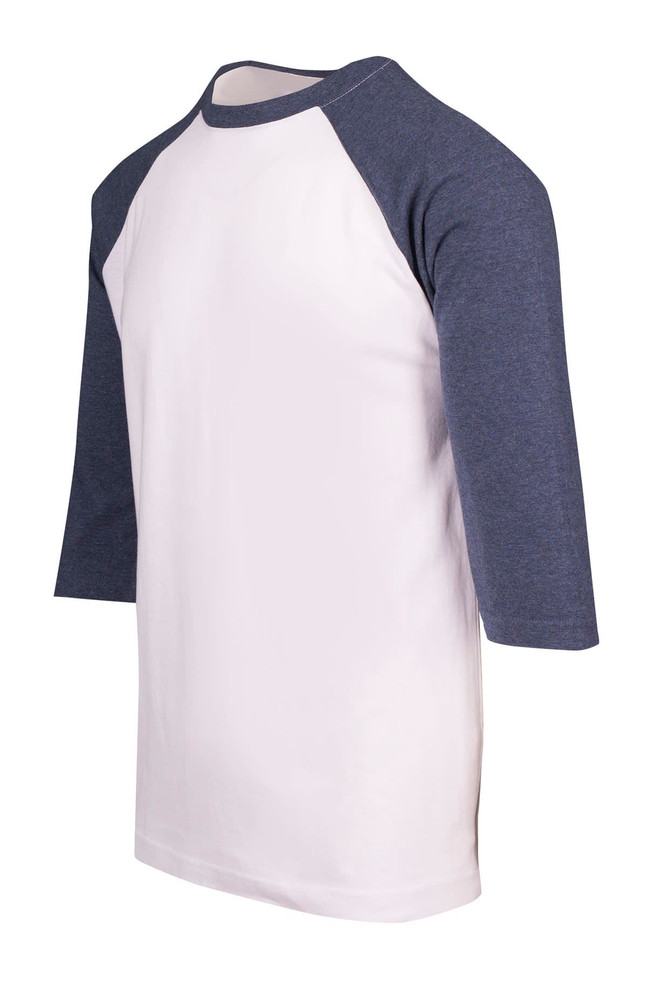 A unisex 3/4 sleeve raglan T-shirt in white with navy blue sleeves. It features a logo on the front.