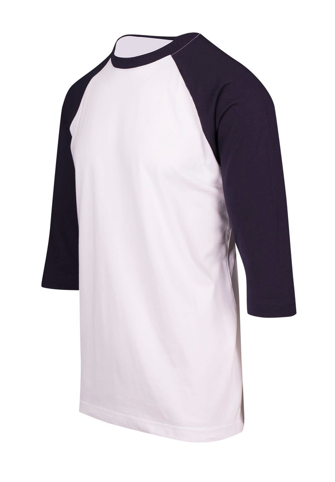 Men's/unisex 3/4 sleeve raglan T-shirt in white with navy sleeves. Features a simple design and a logo on the side.